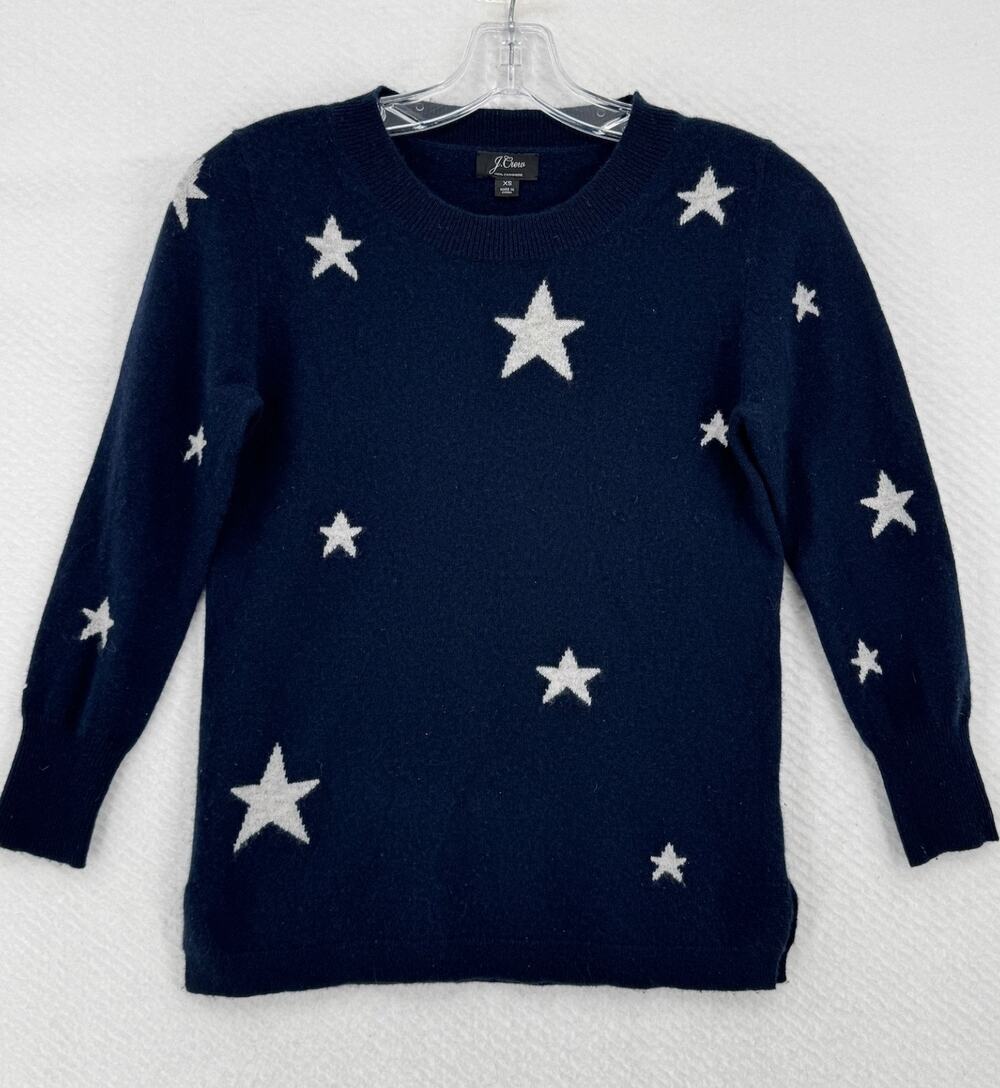 J.CREW Womens Blue Cashmere Knit Intarsia Stars Everyday Crew Sweater Sz XS